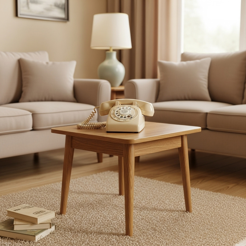 Vintage Living Room with Oak Wood Coffee Table and Rotary Telephone