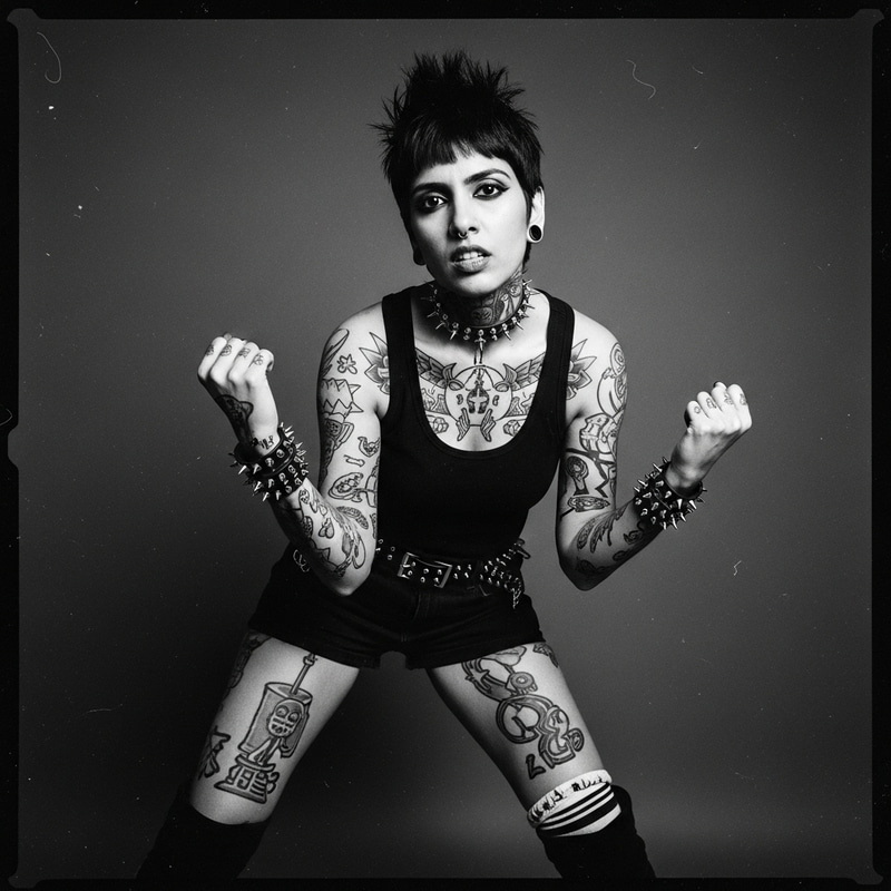 Edgy South Asian Tattooed Woman in Black and White Photo