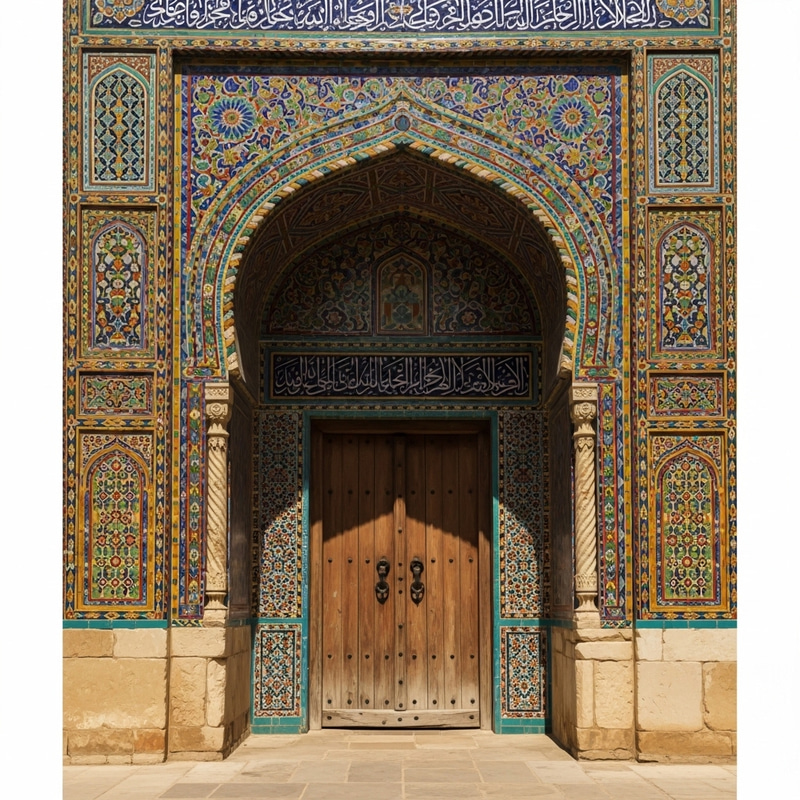 Intricate Mosaic Archway & Wooden Door | Cultural Heritage Intricate Mosaic Archway & Wooden Door | Cultural Heritage