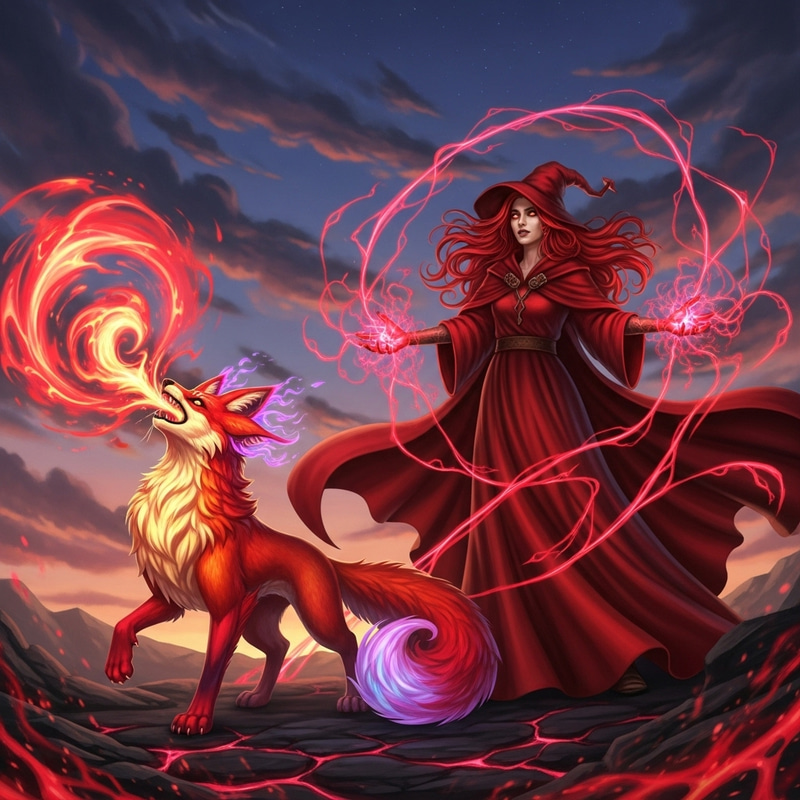 Delphox and Scarlet Witch: Mystical Fire Creature Artwork
