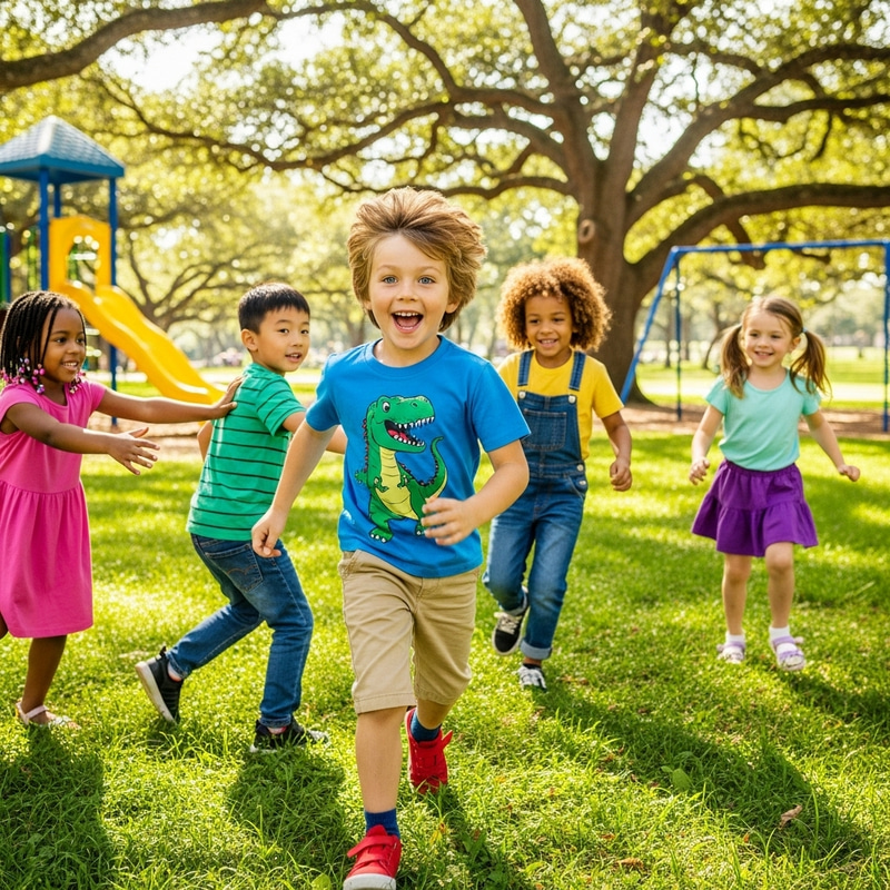 Seven-Year-Old Blond Boy Enjoying Playtime with Diverse Friends at Park Seven-Year-Old Blond Boy Enjoying Playtime with Diverse Friends at Park
