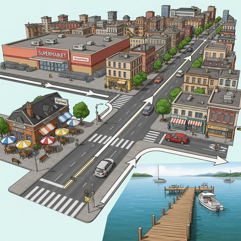 City Route: Main Street, Supermarket, Cafe & Pier
