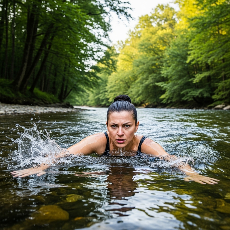Female Teacher Leading Swim Class Upstream - River Determination Female Teacher Leading Swim Class Upstream - River Determination
