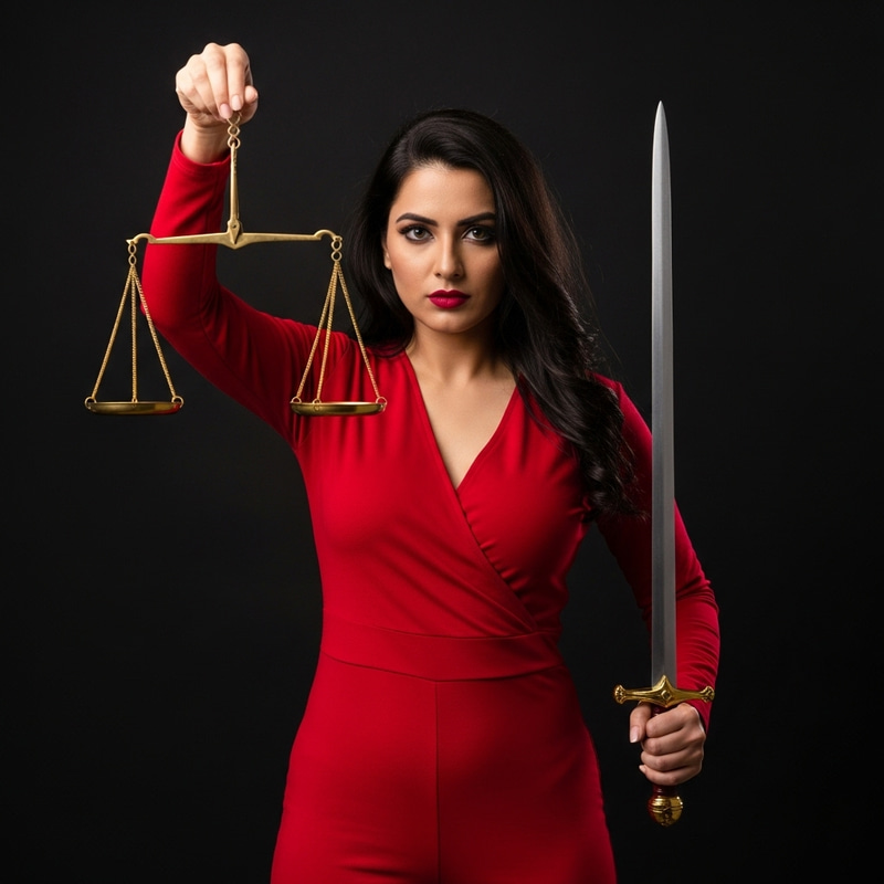 Stunning Indian Woman with Scales of Justice and Sword of Truth