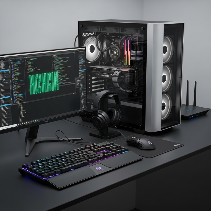 Neon Green Code Display on Computer Setup Neon Green Code Display on Computer Setup