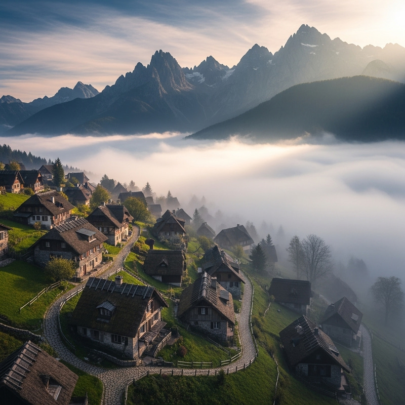 Picturesque Village Shrouded in Clouds | Majestic Mountain Scenery Picturesque Village Shrouded in Clouds | Majestic Mountain Scenery