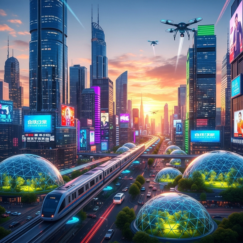 Futuristic Cityscape - Vibrant Metallized Blues & Neon Greens Futuristic Cityscape - Vibrant Metallized Blues & Neon Greens