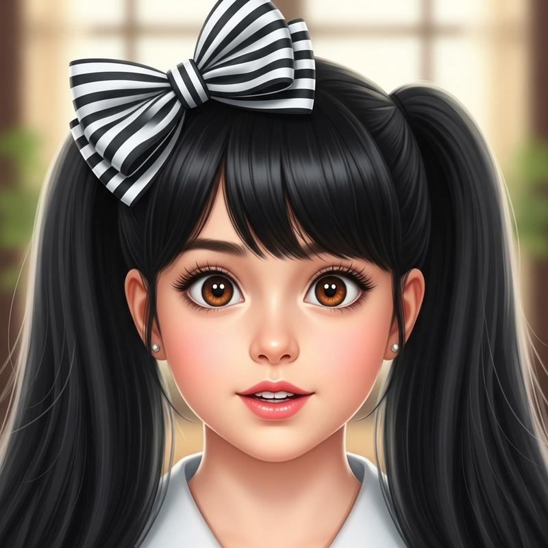 Adorable Girl with Long Black Hair in Dual Ponytails and Striking Brown Eyes Adorable Girl with Long Black Hair in Dual Ponytails and Striking Brown Eyes