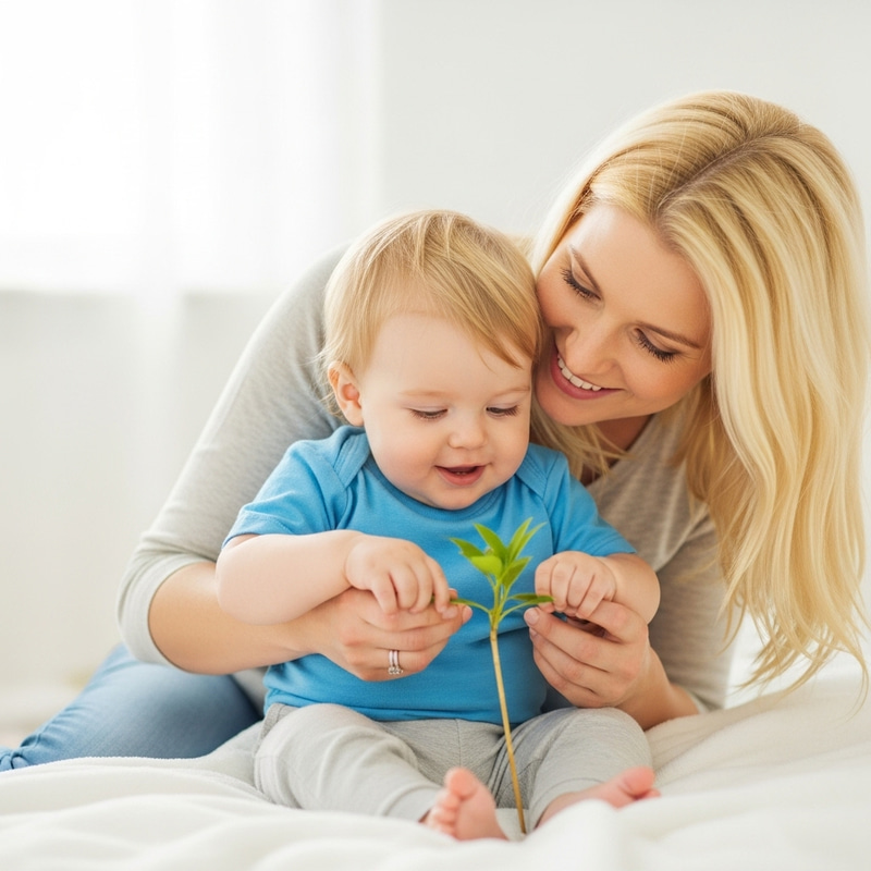 Blond Mother Encouraging Child's Growth in Heartwarming Family Portrait Blond Mother Encouraging Child's Growth in Heartwarming Family Portrait