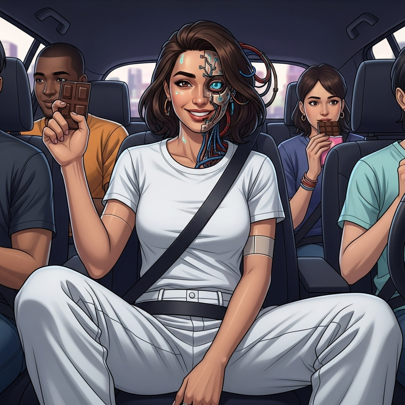 Futuristic Robot Woman in Neon Car Scene