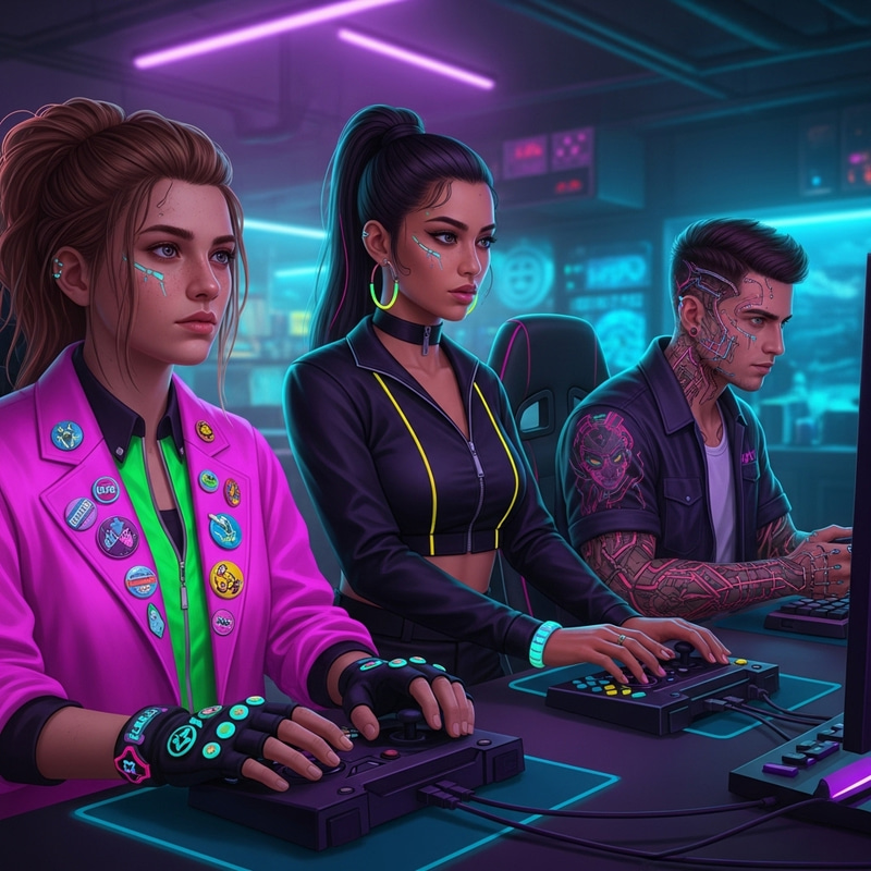 Diverse Cyberpunk Gamer Trio in Neon Gaming Room Diverse Cyberpunk Gamer Trio in Neon Gaming Room