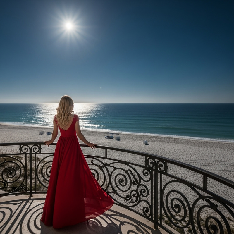 Blonde Woman in Red Dress at Hotel Balcony Overlooking Beach at Night Blonde Woman in Red Dress at Hotel Balcony Overlooking Beach at Night
