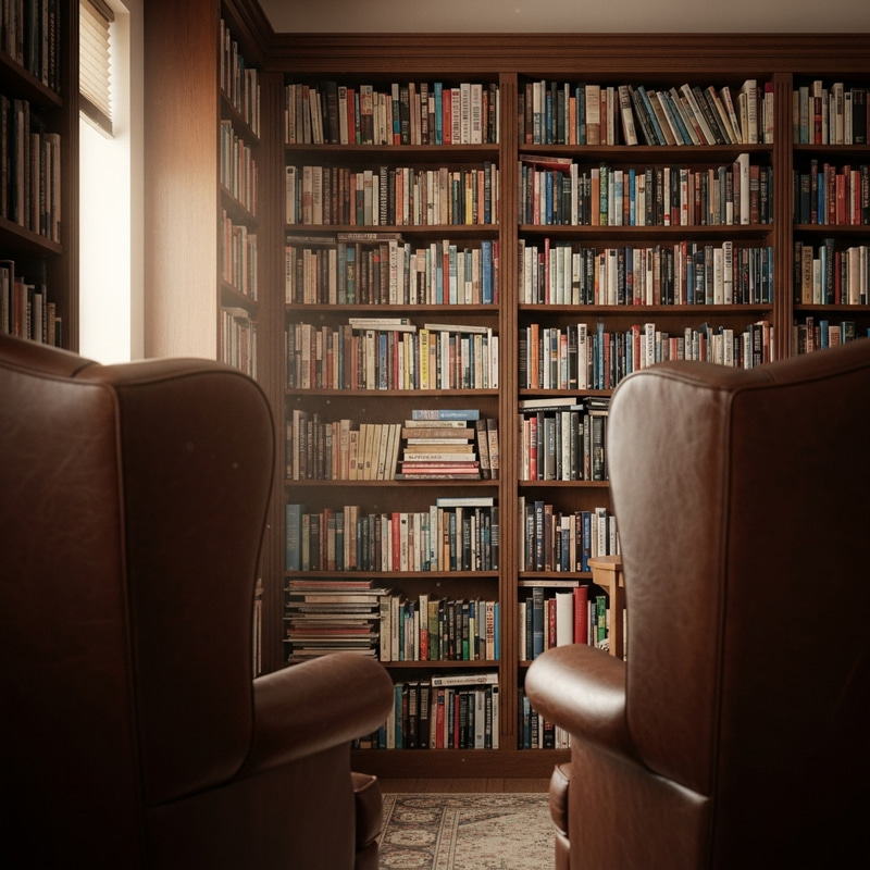 Cozy Library Zoom Background with Wingback Chair | Backlit Speakers