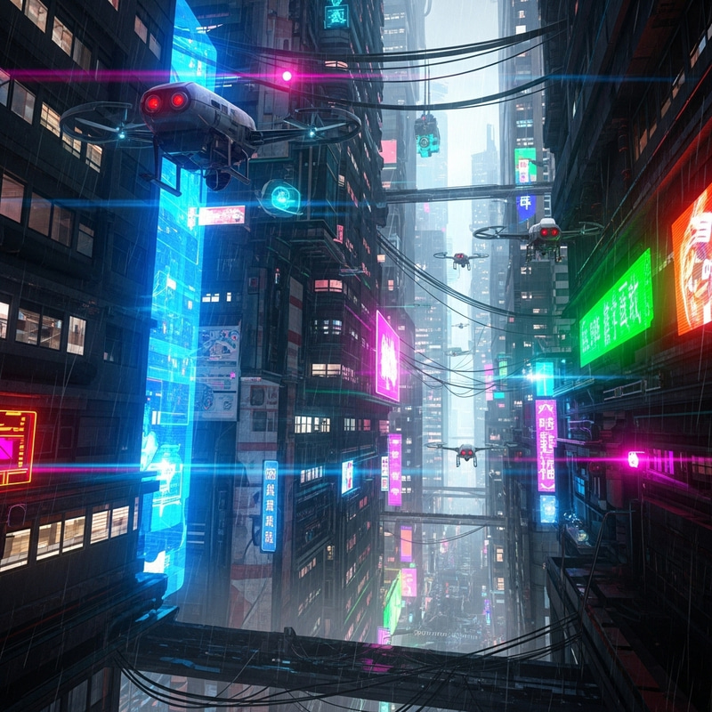 Futuristic Cyberpunk Cityscape with Vibrant Neon Lights and Intense Surveillance Drones