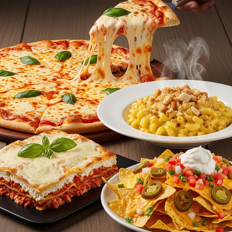 Delicious Cheesy Dishes: Margherita Pizza, Mac and Cheese, Lasagna, Nachos