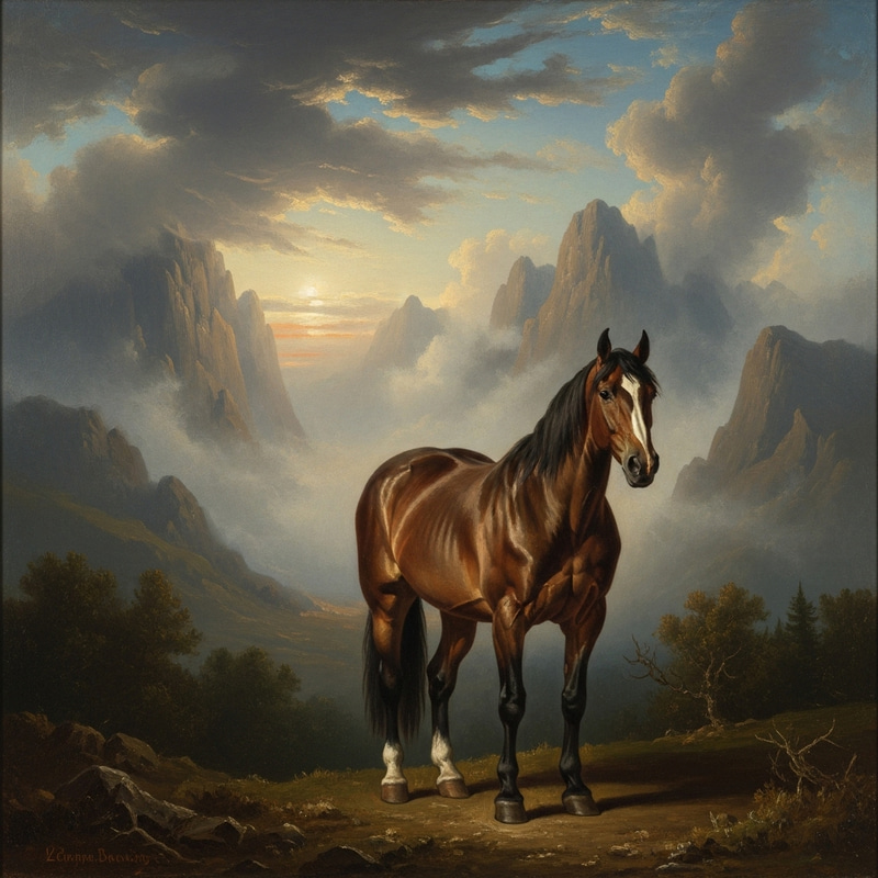 Romantic Style Oil Painting of Full-Bodied Horse in Brown and Beige Tones - Inspired by Caspar David Friedrich
