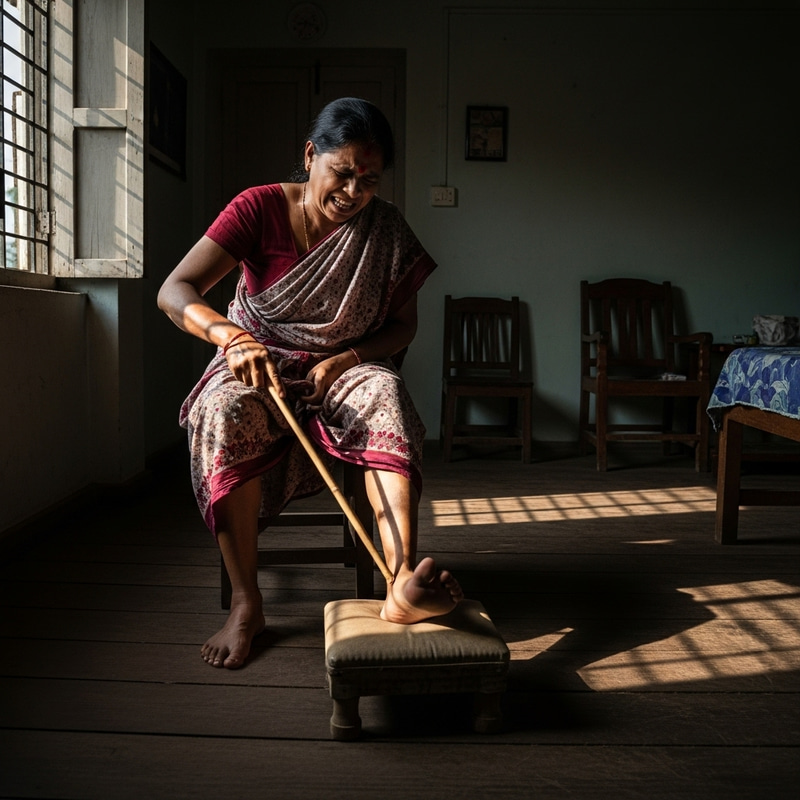 Woman Using Stick to Relieve Swollen Feet - Painful Home Remedy
