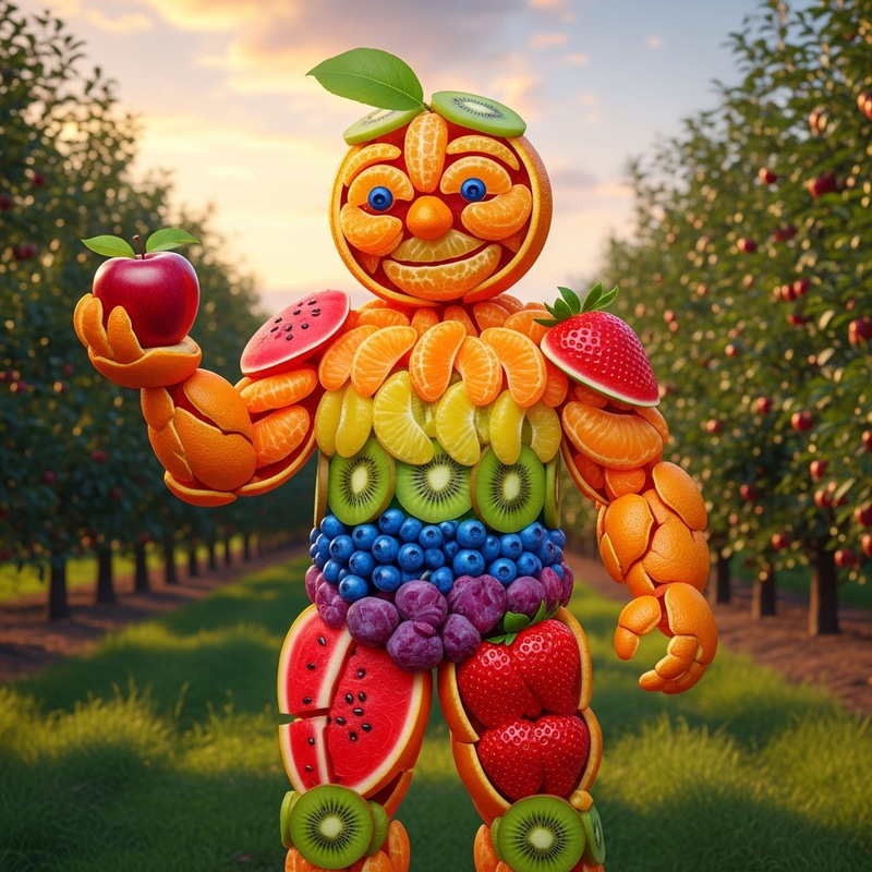 Fruit Characters in Colorful Orchard Scene