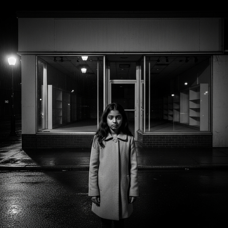 Midnight Eerie Scene: South Asian Girl in Desolate Shop