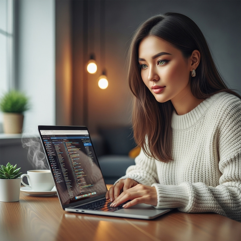 Kazakh Woman Resembling Korean Woman Working on Laptop Kazakh Woman Resembling Korean Woman Working on Laptop