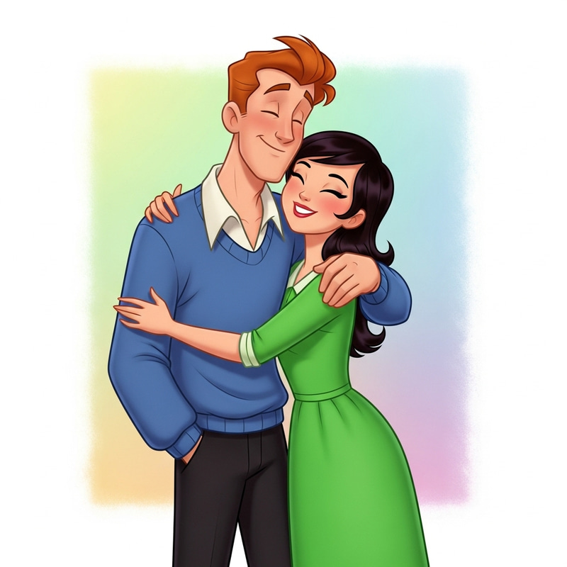 Cartoon Hug and Kiss: Heartwarming Affection Illustration