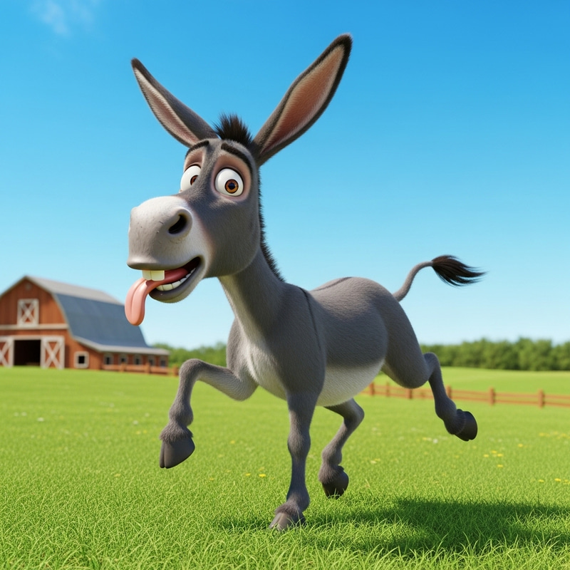 Funny Cartoon Donkey in Playful Field