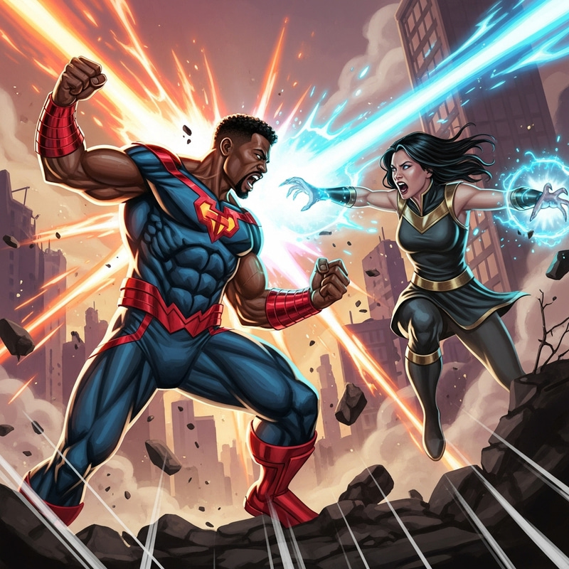 Dynamic Superhero Battle Scene: Intense Colors & Vibrant Poses Dynamic Superhero Battle Scene: Intense Colors & Vibrant Poses