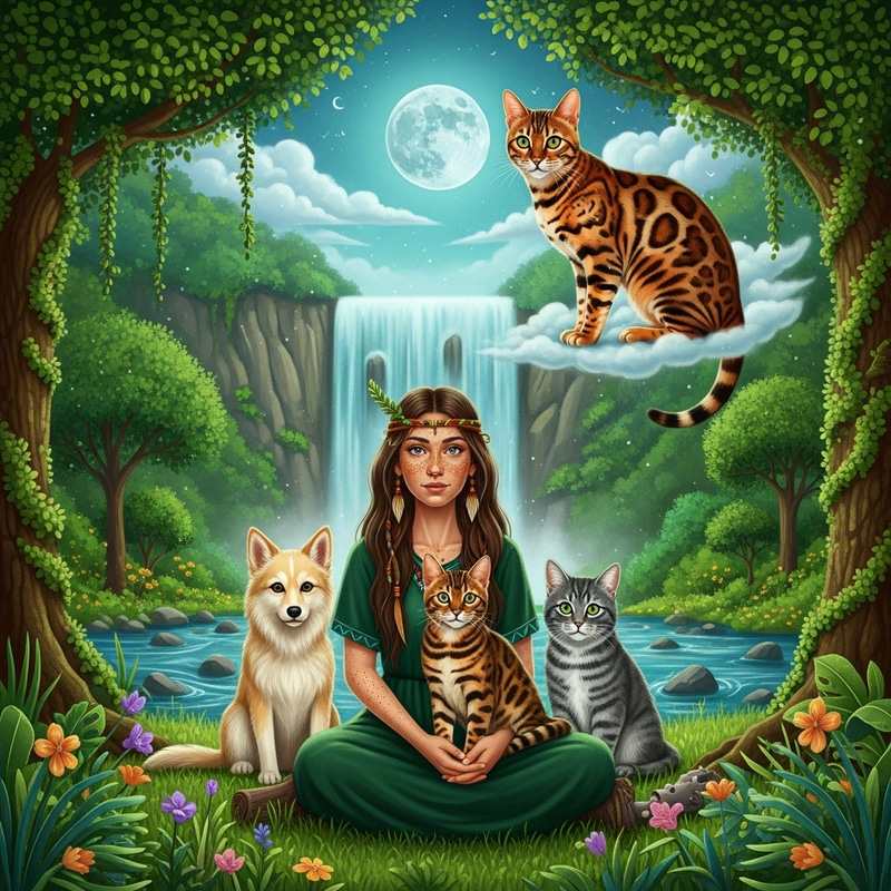 Mystic Scene: Bengal Cat, Shaman Woman, and Nature Spirits Mystic Scene: Bengal Cat, Shaman Woman, and Nature Spirits