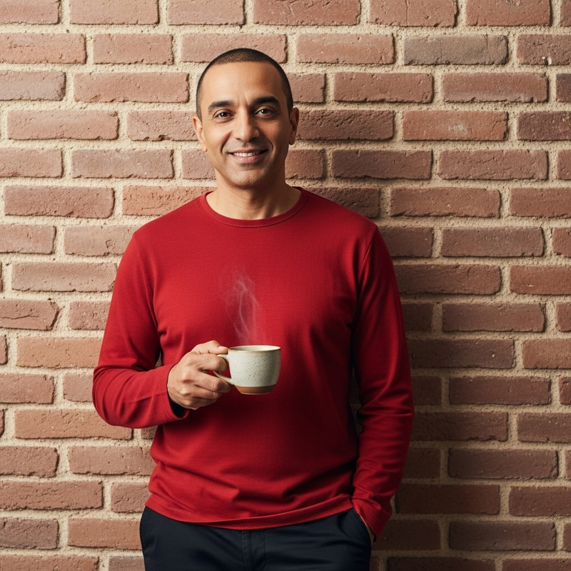 Middle-Eastern Man in Red Shirt with Coffee Cup | A Friendly Smile Middle-Eastern Man in Red Shirt with Coffee Cup | A Friendly Smile
