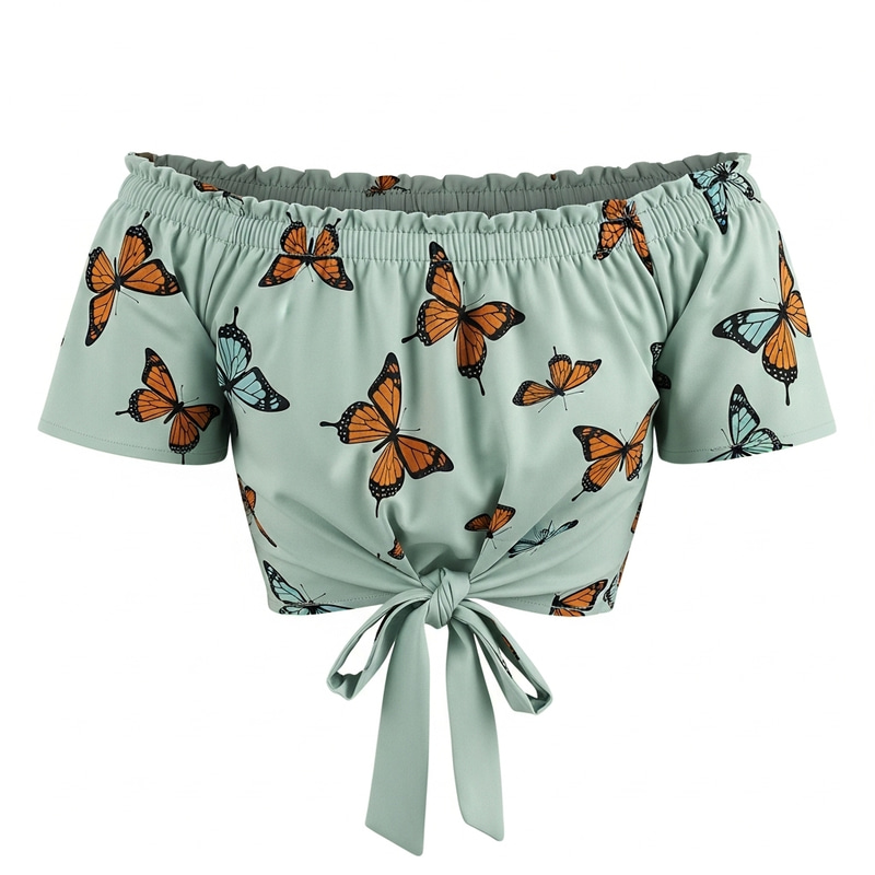 Stylish Off-Shoulder Pistachio Top with Butterfly Design Stylish Off-Shoulder Pistachio Top with Butterfly Design
