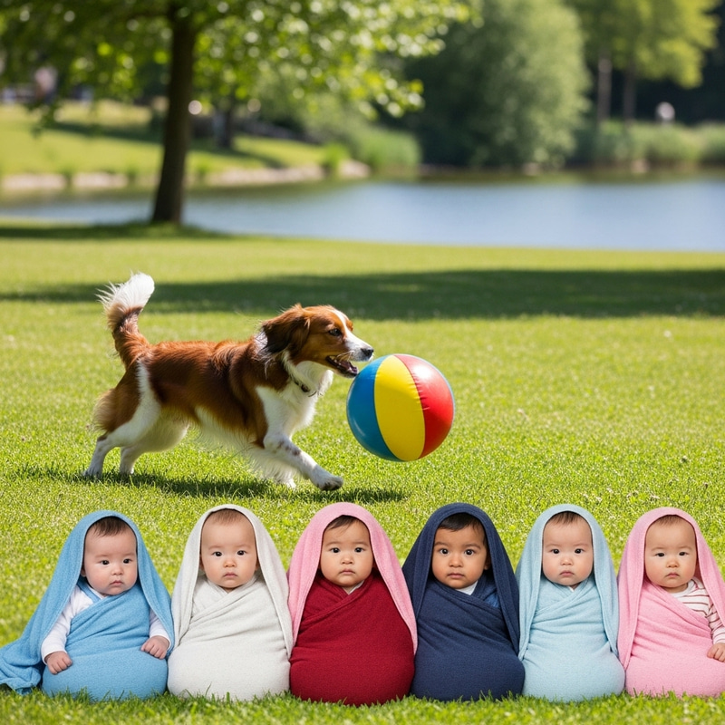 Playful Kooikerhondje with Puppies at Lake - Heartwarming Scene Playful Kooikerhondje with Puppies at Lake - Heartwarming Scene