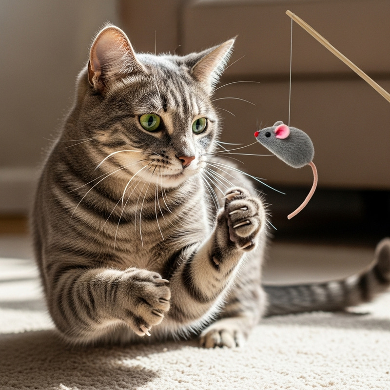 Playful Gray Tabby Cat Playing with Mouse Toy