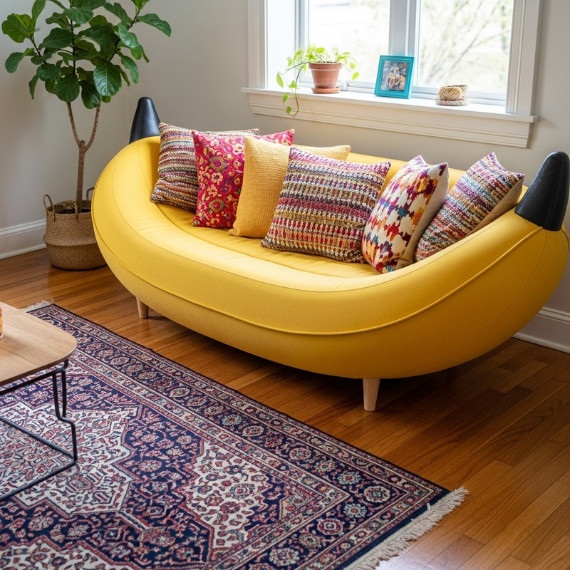 Sunny Banana-Shaped Couch with Colorful Cushions in Eclectic Living Room
