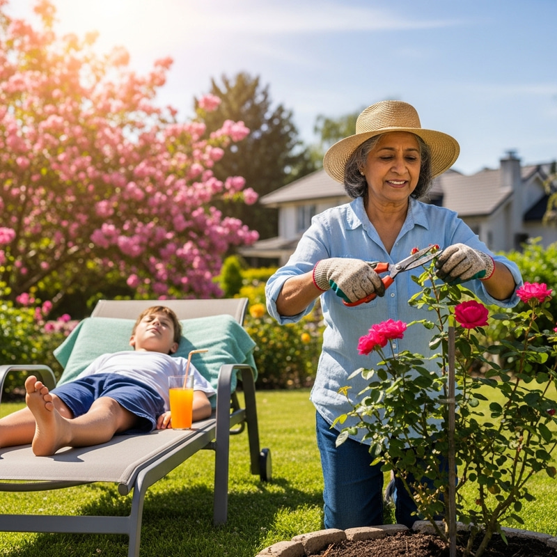 Young Boy Relaxing on Sun Bed While Mother Tends Garden