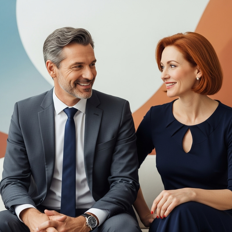 Business Tycoon Elon Musk in Stylish Suit with Red-Haired Woman Business Tycoon Elon Musk in Stylish Suit with Red-Haired Woman