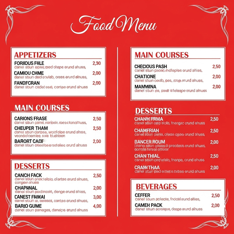 Vibrant Red Menu | Elegant Food Selections Vibrant Red Menu | Elegant Food Selections