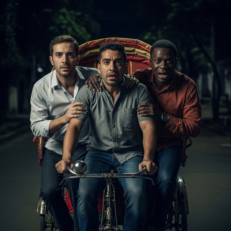 Eerie Night Ride: Fearful Men on Vintage Cycle Rickshaw