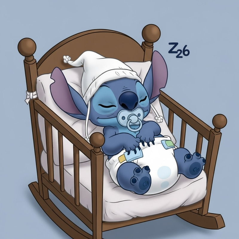 Cute Stitch Experiment 626 in Diapers and Pacifier as Newborn Baby Sleeping in Crib