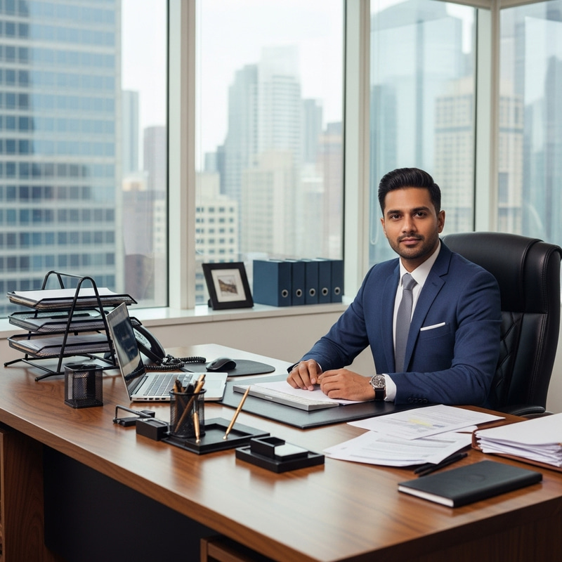 Elegant Businessman in Office Overlooking City View