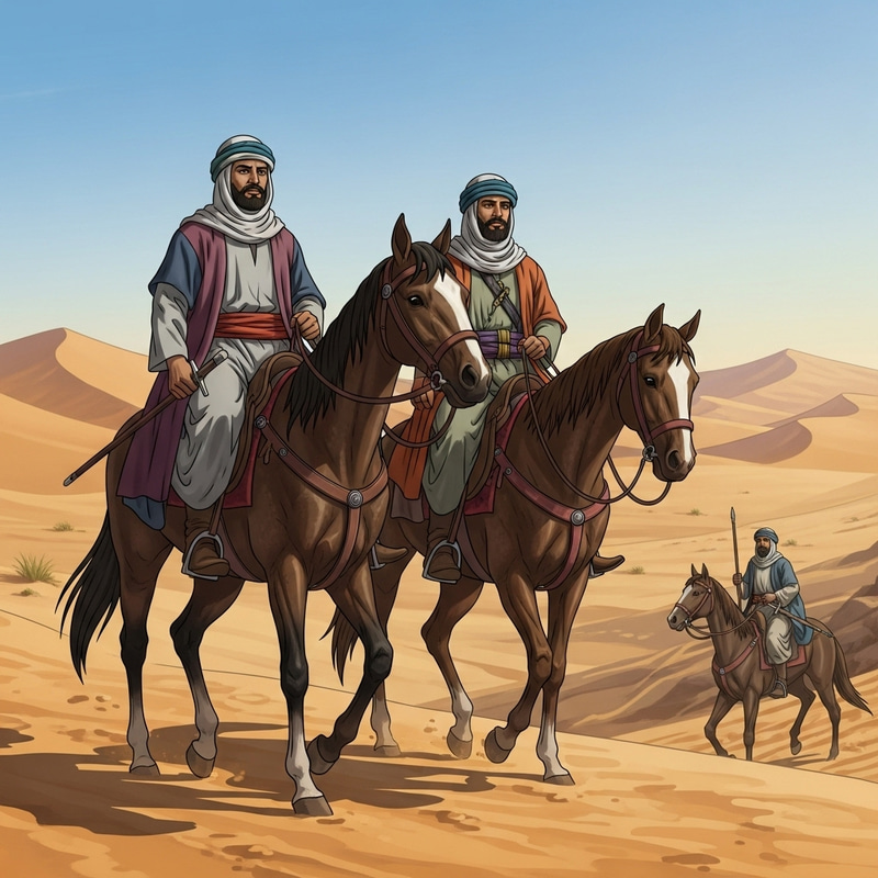 Arabian Men Riding Horses in Desert Near Valley - Pre-Islamic Era Arabian Men Riding Horses in Desert Near Valley - Pre-Islamic Era
