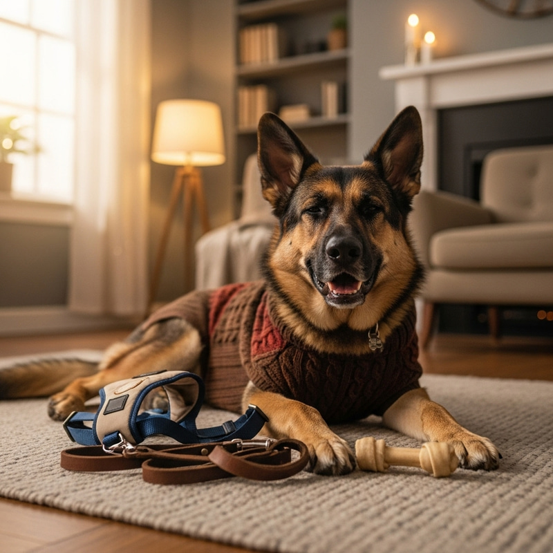 Adorable German Shepherd in Sweater with Leash, Harness & Toy