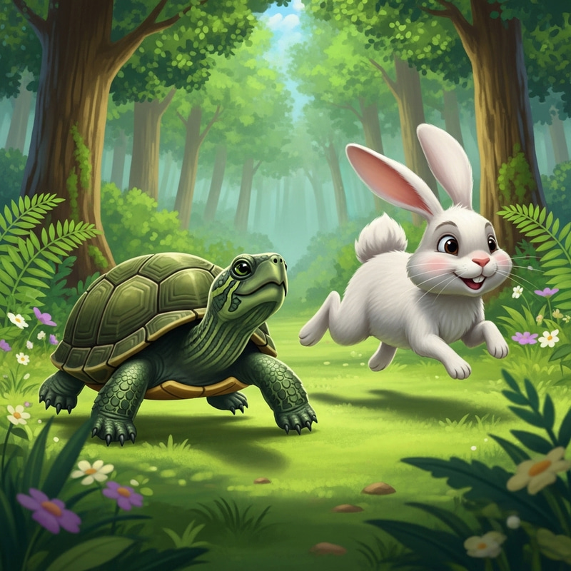 Turtle and Rabbit Playful Race in Green Forest Turtle and Rabbit Playful Race in Green Forest