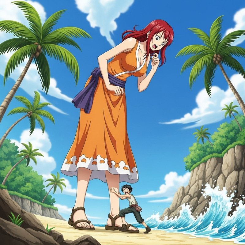 Giantess Nami Crushing Person Underfoot on Tropical Island