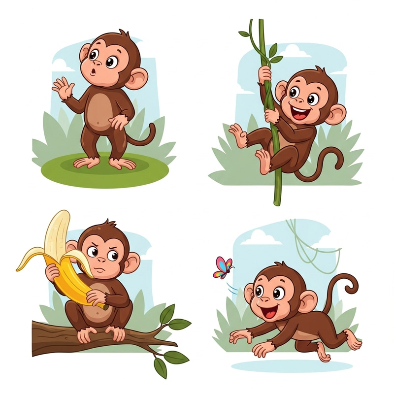 Cute Monkey Baby Poses Vector Illustration