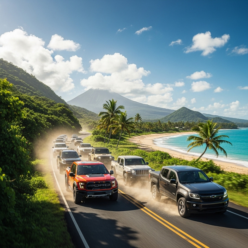 Pickups and SUVs Crossing Scenic Island | Beautiful Backdrop Pickups and SUVs Crossing Scenic Island | Beautiful Backdrop