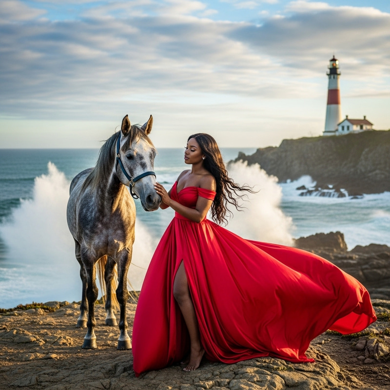 Captivating Black Woman in Red Dress Petting Majestic Horse by the Ocean Captivating Black Woman in Red Dress Petting Majestic Horse by the Ocean