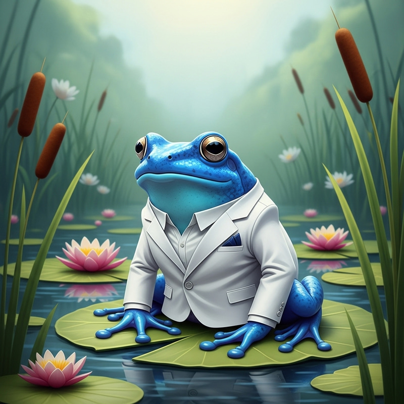 Sophisticated Blue Frog in White Attire - Nature & Style Harmony Sophisticated Blue Frog in White Attire - Nature & Style Harmony