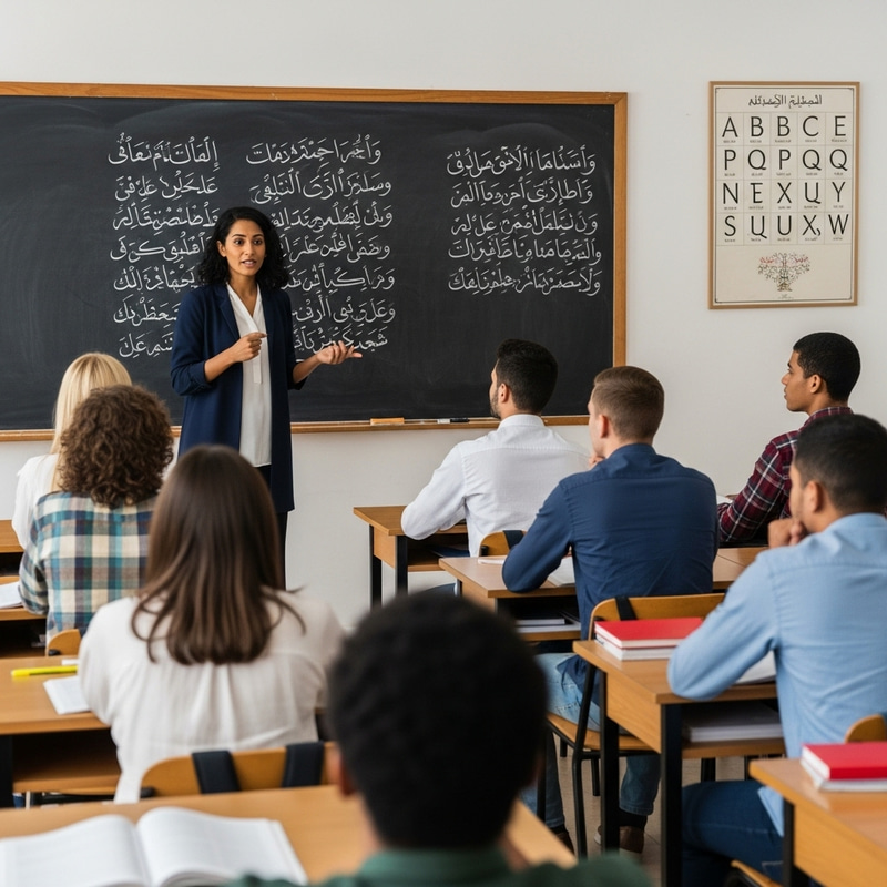 Enthusiastic Arabic Teacher in Classroom Enthusiastic Arabic Teacher in Classroom