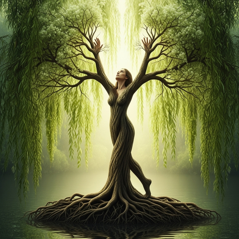 Ethereal Metamorphosis: Woman-Willow Tree Fusion | Nature Art