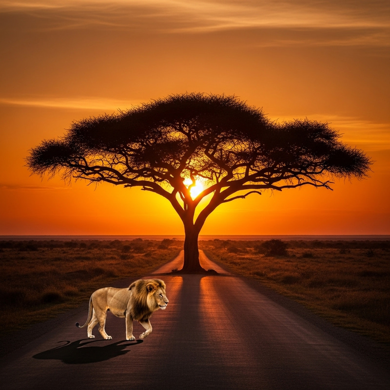 Majestic Lion on a Dusty African Road at Sunset